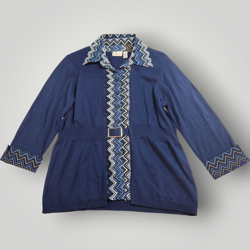 Kim Rogers Women's M Blue 3/4 Sleeve Belted Cardigan Sweater 2-fer Look RETRO